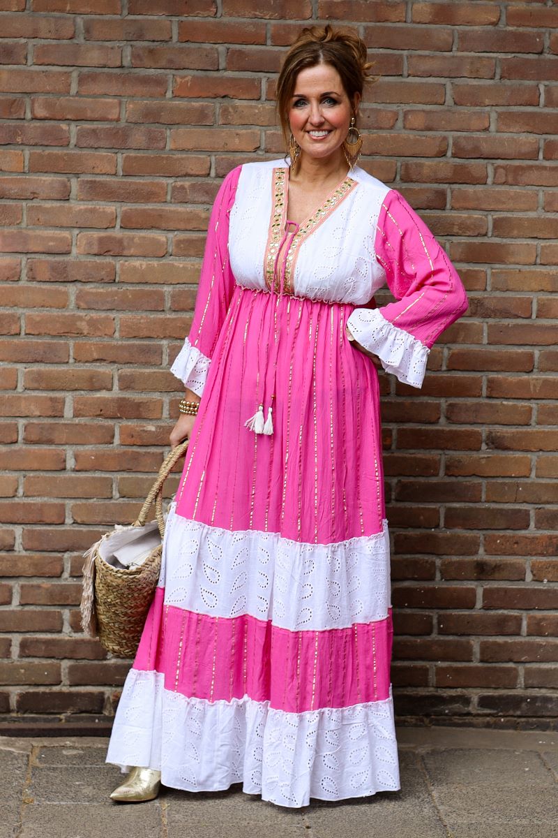 Lange Ibizajurk in de kleur roze met wit.